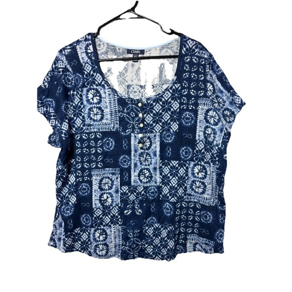 Chaps Tops - Chaps Woman’s  Size 3X Shirt Short Sleeve Navy With Pattern Cotton Button Accent